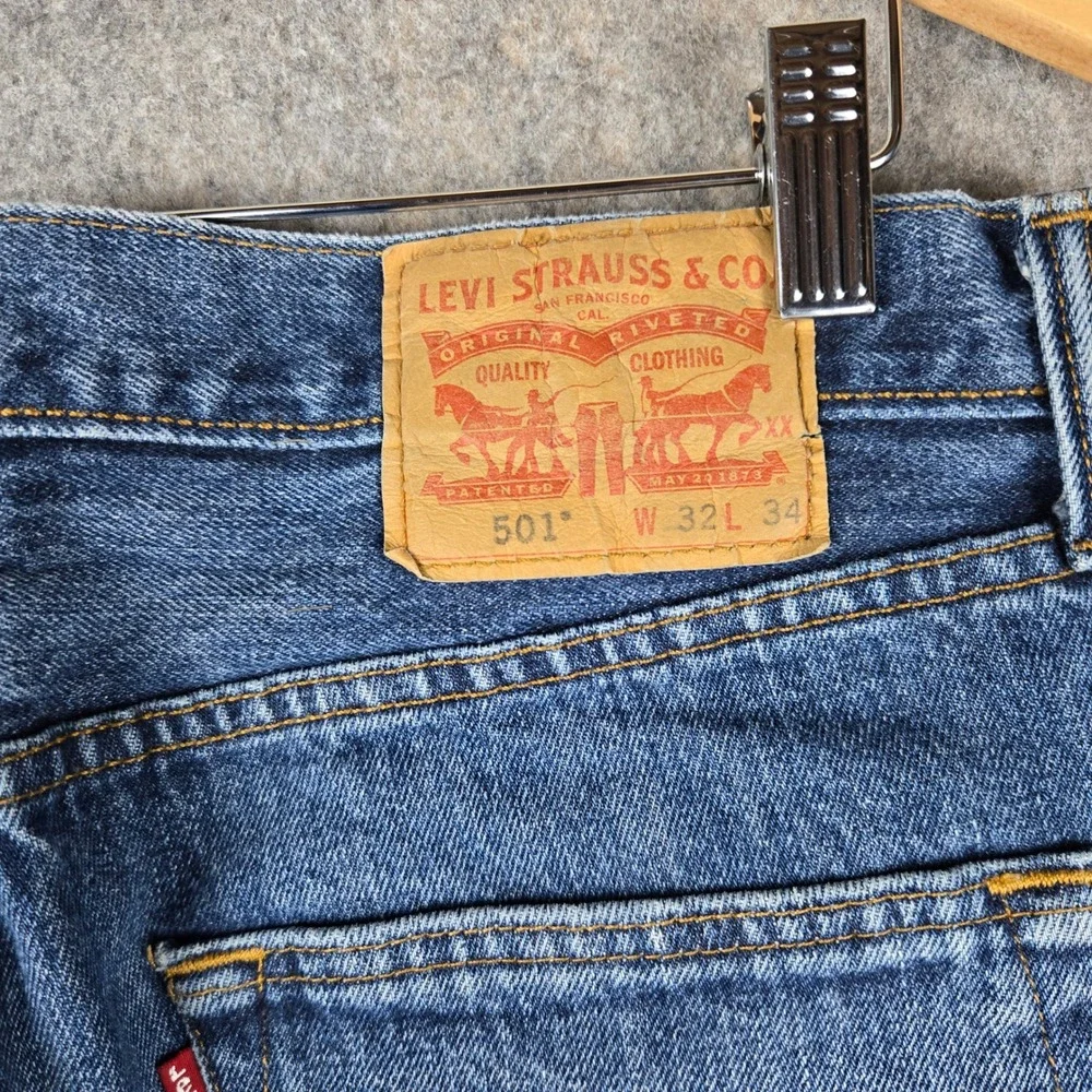 Levi 501 Jeans Mens 32x34 Blue Denim Patchwork Button Fly Straight Leg